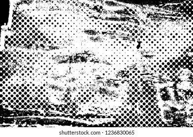 Grunge overlay layer. Abstract black and white vector background. Monochrome vintage surface with dirty pattern in cracks, spots, dots. Old wall in dark horror style design