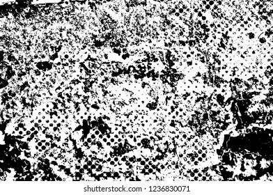 Grunge overlay layer. Abstract black and white vector background. Monochrome vintage surface with dirty pattern in cracks, spots, dots. Old wall in dark horror style design
