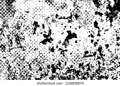 Grunge overlay layer. Abstract black and white vector background. Monochrome vintage surface with dirty pattern in cracks, spots, dots. Old wall in dark horror style design
