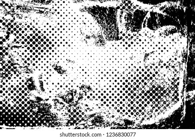 Grunge overlay layer. Abstract black and white vector background. Monochrome vintage surface with dirty pattern in cracks, spots, dots. Old wall in dark horror style design