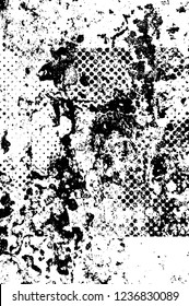 Grunge overlay layer. Abstract black and white vector background. Monochrome vintage surface with dirty pattern in cracks, spots, dots. Old wall in dark horror style design