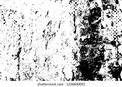 Grunge overlay layer. Abstract black and white vector background. Monochrome vintage surface with dirty pattern in cracks, spots, dots. Old wall in dark horror style design