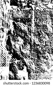 Grunge overlay layer. Abstract black and white vector background. Monochrome vintage surface with dirty pattern in cracks, spots, dots. Old wall in dark horror style design