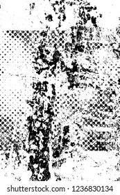 Grunge overlay layer. Abstract black and white vector background. Monochrome vintage surface with dirty pattern in cracks, spots, dots. Old wall in dark horror style design