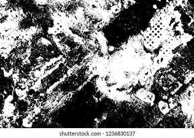 Grunge overlay layer. Abstract black and white vector background. Monochrome vintage surface with dirty pattern in cracks, spots, dots. Old wall in dark horror style design
