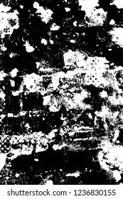 Grunge overlay layer. Abstract black and white vector background. Monochrome vintage surface with dirty pattern in cracks, spots, dots. Old wall in dark horror style design