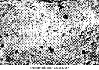 Grunge overlay layer. Abstract black and white vector background. Monochrome vintage surface with dirty pattern in cracks, spots, dots. Old wall in dark horror style design
