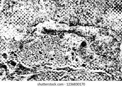 Grunge overlay layer. Abstract black and white vector background. Monochrome vintage surface with dirty pattern in cracks, spots, dots. Old wall in dark horror style design