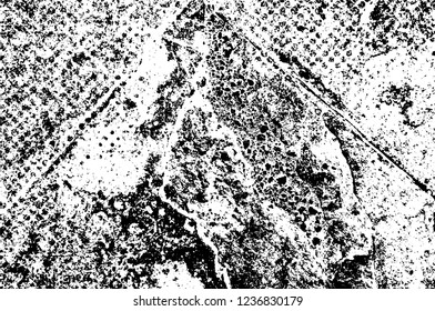 Grunge overlay layer. Abstract black and white vector background. Monochrome vintage surface with dirty pattern in cracks, spots, dots. Old wall in dark horror style design