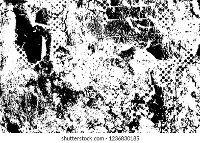 Grunge overlay layer. Abstract black and white vector background. Monochrome vintage surface with dirty pattern in cracks, spots, dots. Old wall in dark horror style design
