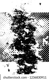 Grunge overlay layer. Abstract black and white vector background. Monochrome vintage surface with dirty pattern in cracks, spots, dots. Old wall in dark horror style design