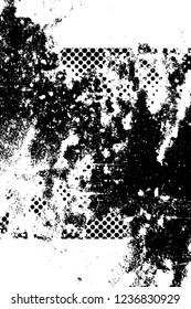 Grunge overlay layer. Abstract black and white vector background. Monochrome vintage surface with dirty pattern in cracks, spots, dots. Old wall in dark horror style design