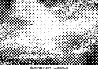 Grunge overlay layer. Abstract black and white vector background. Monochrome vintage surface with dirty pattern in cracks, spots, dots. Old wall in dark horror style design