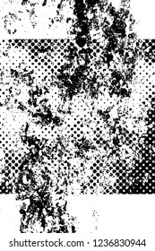 Grunge overlay layer. Abstract black and white vector background. Monochrome vintage surface with dirty pattern in cracks, spots, dots. Old wall in dark horror style design