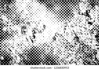 Grunge overlay layer. Abstract black and white vector background. Monochrome vintage surface with dirty pattern in cracks, spots, dots. Old wall in dark horror style design