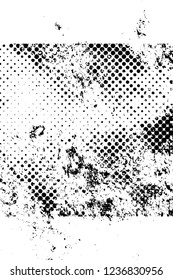 Grunge overlay layer. Abstract black and white vector background. Monochrome vintage surface with dirty pattern in cracks, spots, dots. Old wall in dark horror style design