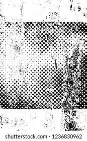 Grunge overlay layer. Abstract black and white vector background. Monochrome vintage surface with dirty pattern in cracks, spots, dots. Old wall in dark horror style design