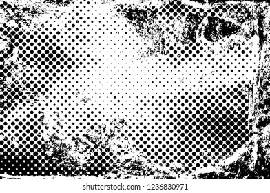 Grunge overlay layer. Abstract black and white vector background. Monochrome vintage surface with dirty pattern in cracks, spots, dots. Old wall in dark horror style design