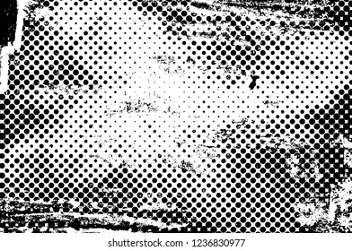 Grunge overlay layer. Abstract black and white vector background. Monochrome vintage surface with dirty pattern in cracks, spots, dots. Old wall in dark horror style design