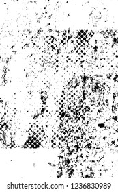 Grunge overlay layer. Abstract black and white vector background. Monochrome vintage surface with dirty pattern in cracks, spots, dots. Old wall in dark horror style design