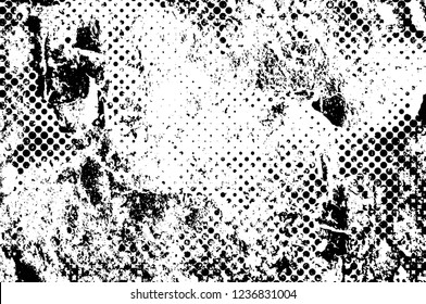Grunge overlay layer. Abstract black and white vector background. Monochrome vintage surface with dirty pattern in cracks, spots, dots. Old wall in dark horror style design