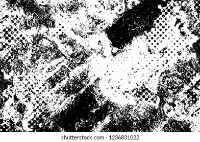 Grunge overlay layer. Abstract black and white vector background. Monochrome vintage surface with dirty pattern in cracks, spots, dots. Old wall in dark horror style design