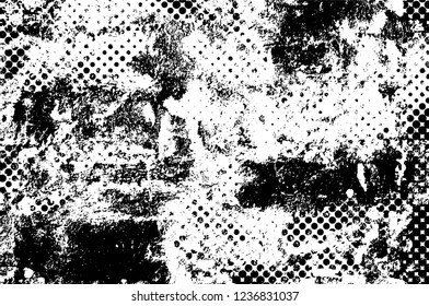 Grunge overlay layer. Abstract black and white vector background. Monochrome vintage surface with dirty pattern in cracks, spots, dots. Old wall in dark horror style design