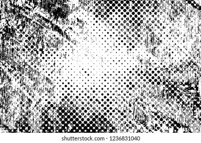 Grunge overlay layer. Abstract black and white vector background. Monochrome vintage surface with dirty pattern in cracks, spots, dots. Old wall in dark horror style design