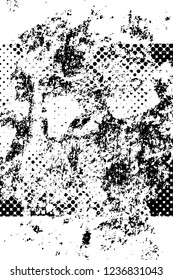 Grunge overlay layer. Abstract black and white vector background. Monochrome vintage surface with dirty pattern in cracks, spots, dots. Old wall in dark horror style design