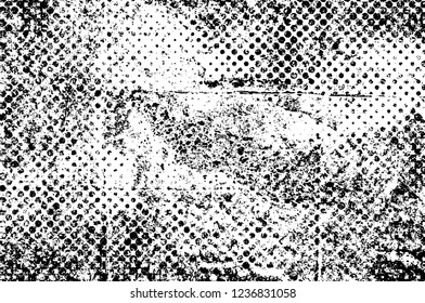 Grunge overlay layer. Abstract black and white vector background. Monochrome vintage surface with dirty pattern in cracks, spots, dots. Old wall in dark horror style design