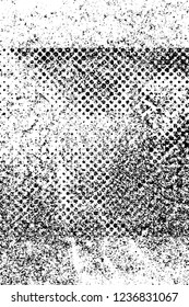 Grunge overlay layer. Abstract black and white vector background. Monochrome vintage surface with dirty pattern in cracks, spots, dots. Old wall in dark horror style design