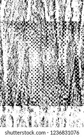 Grunge overlay layer. Abstract black and white vector background. Monochrome vintage surface with dirty pattern in cracks, spots, dots. Old wall in dark horror style design