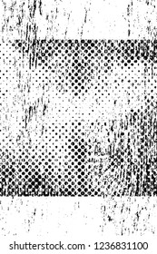 Grunge overlay layer. Abstract black and white vector background. Monochrome vintage surface with dirty pattern in cracks, spots, dots. Old wall in dark horror style design