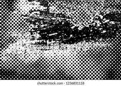 Grunge overlay layer. Abstract black and white vector background. Monochrome vintage surface with dirty pattern in cracks, spots, dots. Old wall in dark horror style design