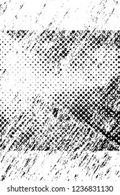 Grunge overlay layer. Abstract black and white vector background. Monochrome vintage surface with dirty pattern in cracks, spots, dots. Old wall in dark horror style design