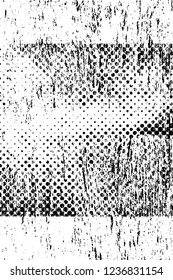 Grunge overlay layer. Abstract black and white vector background. Monochrome vintage surface with dirty pattern in cracks, spots, dots. Old wall in dark horror style design