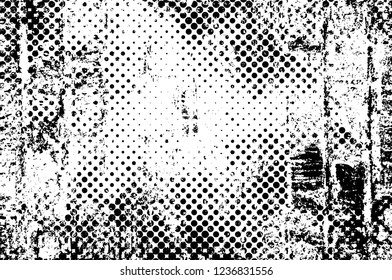 Grunge overlay layer. Abstract black and white vector background. Monochrome vintage surface with dirty pattern in cracks, spots, dots. Old wall in dark horror style design