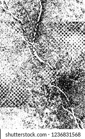Grunge overlay layer. Abstract black and white vector background. Monochrome vintage surface with dirty pattern in cracks, spots, dots. Old wall in dark horror style design
