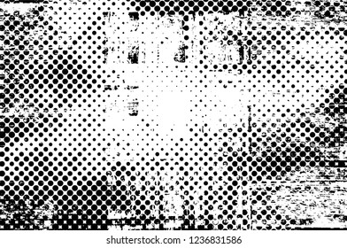 Grunge overlay layer. Abstract black and white vector background. Monochrome vintage surface with dirty pattern in cracks, spots, dots. Old wall in dark horror style design