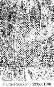 Grunge overlay layer. Abstract black and white vector background. Monochrome vintage surface with dirty pattern in cracks, spots, dots. Old wall in dark horror style design