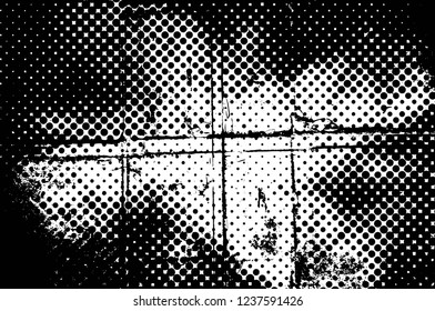 Grunge overlay layer. Abstract black and white vector background. Monochrome vintage surface with dirty pattern in cracks, spots, dots. Old wall in dark horror style design