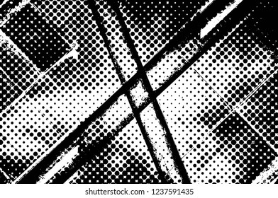 Grunge overlay layer. Abstract black and white vector background. Monochrome vintage surface with dirty pattern in cracks, spots, dots. Old wall in dark horror style design