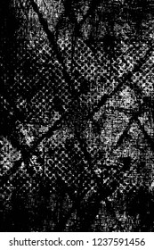 Grunge overlay layer. Abstract black and white vector background. Monochrome vintage surface with dirty pattern in cracks, spots, dots. Old wall in dark horror style design