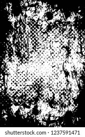 Grunge overlay layer. Abstract black and white vector background. Monochrome vintage surface with dirty pattern in cracks, spots, dots. Old wall in dark horror style design