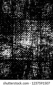 Grunge overlay layer. Abstract black and white vector background. Monochrome vintage surface with dirty pattern in cracks, spots, dots. Old wall in dark horror style design