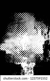 Grunge overlay layer. Abstract black and white vector background. Monochrome vintage surface with dirty pattern in cracks, spots, dots. Old wall in dark horror style design