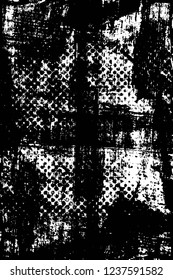 Grunge overlay layer. Abstract black and white vector background. Monochrome vintage surface with dirty pattern in cracks, spots, dots. Old wall in dark horror style design