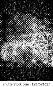 Grunge overlay layer. Abstract black and white vector background. Monochrome vintage surface with dirty pattern in cracks, spots, dots. Old wall in dark horror style design