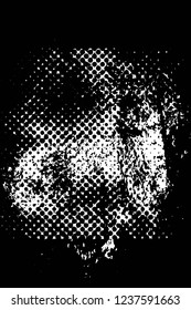 Grunge overlay layer. Abstract black and white vector background. Monochrome vintage surface with dirty pattern in cracks, spots, dots. Old wall in dark horror style design