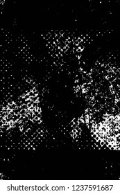 Grunge overlay layer. Abstract black and white vector background. Monochrome vintage surface with dirty pattern in cracks, spots, dots. Old wall in dark horror style design